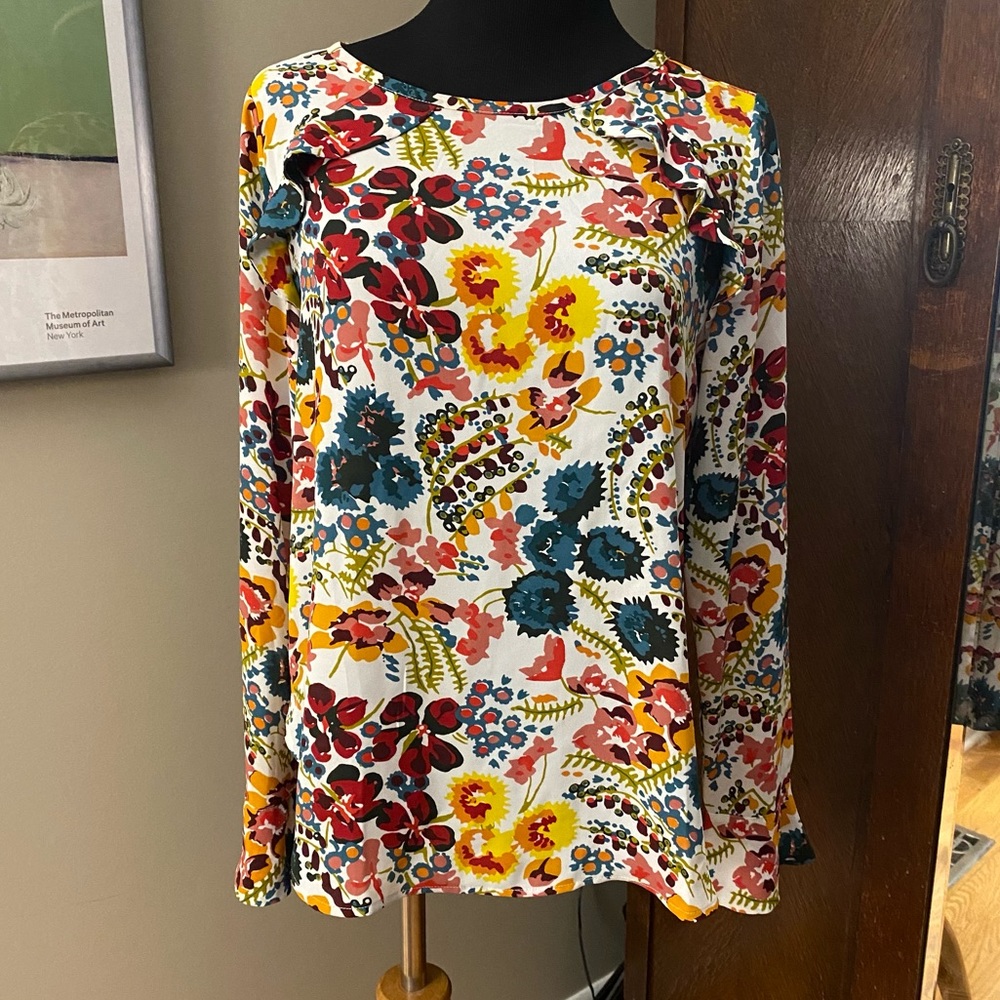 LOFT Floral Long Sleeve Ruffle Detail Blouse
